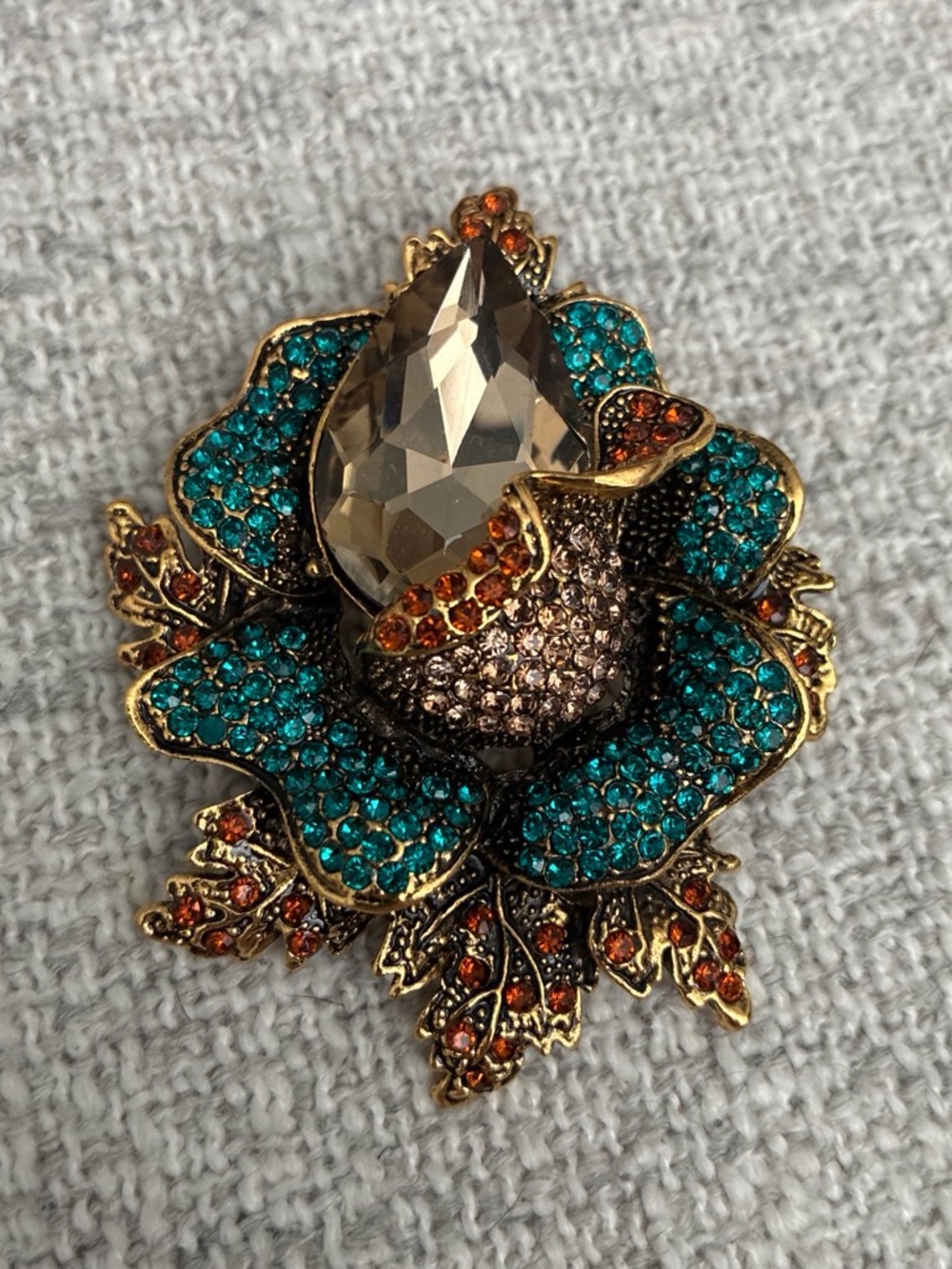 Gold-Tone Teal and Amber Crystal Flower Brooch/Pendant - Women Jewelry
